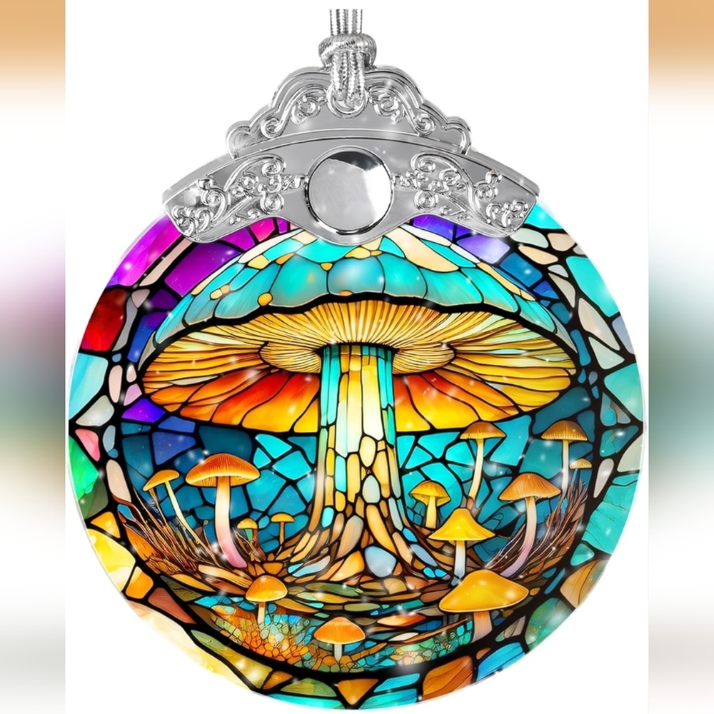 Stained Glass Style Mushroom Ornament Multicolor Mosaic Nature Decor 3.3in Round